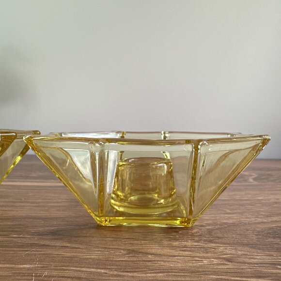 Fostoria 1930s Candle Holders, Yellow Deco Glass Pair - Picture 3 of 11